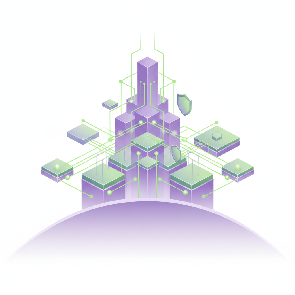 Ilustración vectorial de transformación digital con la metodología DUNAMIS, mostrando un camino claro ascendente desde un laberinto de procesos.